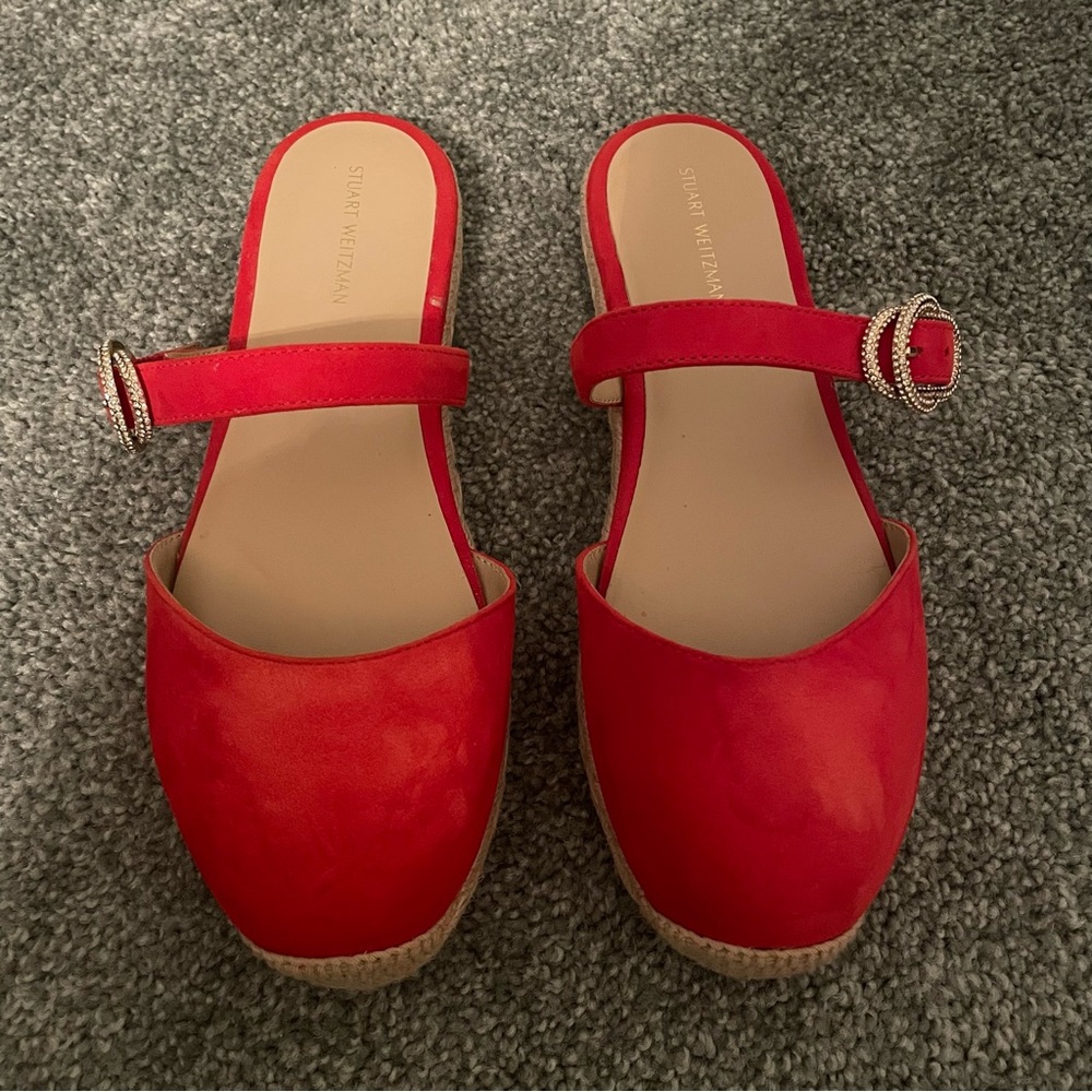 STUART WEITZMAN Crystal Buckle Suede Espadrilles Mule